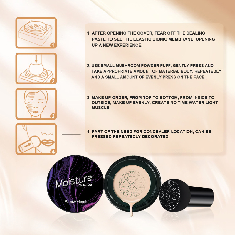 West&Month Mushroom Head Air Cushion, Moisturizing Concealer Natural Contortion Isolation Long Lasting Makeup Cream - Image 5